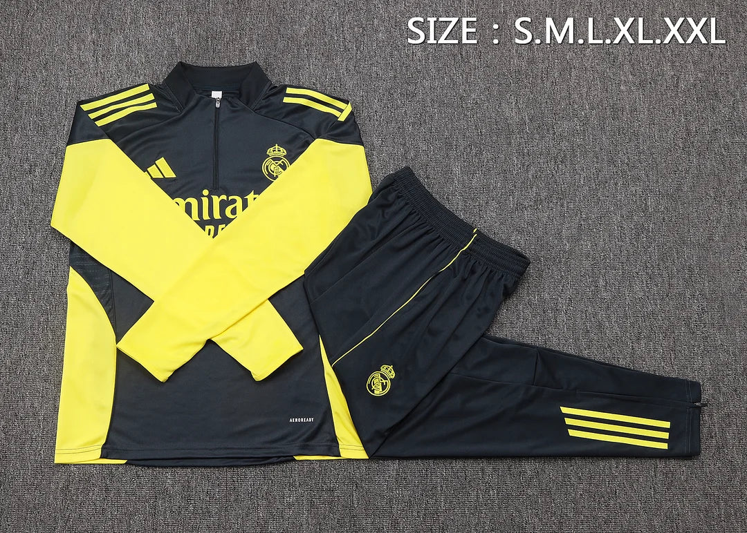 2025/2026 Real Madrid Dark gray with yellow sleeves Half-Pull Training Suit Football Shirt 1:1 Set