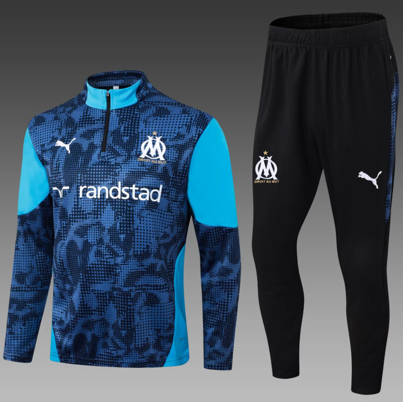 2025/2026 Olympique de Marseille Half-Pull Training Suit Blue Football Jersey Set