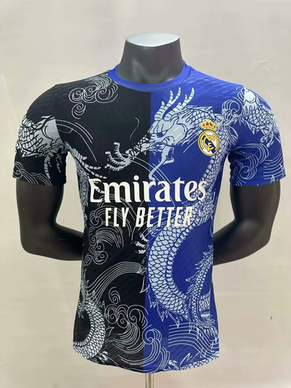 2025/2026 Player Version Real Madrid Dragon pattern Blue And Black Football Jersey 1:1