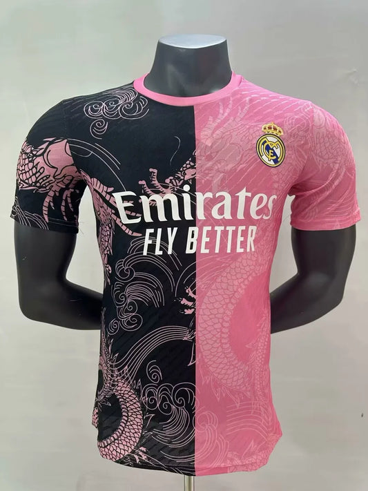 2025/2026 Player Version Real Madrid Dragon Pattern Pink And Black Football Jersey 1:1