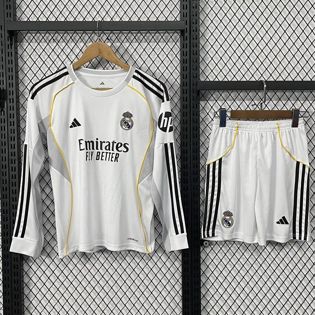 2025/2026 Long Sleeves Real Madrid Home Football Jersey 1:1 Kids Size