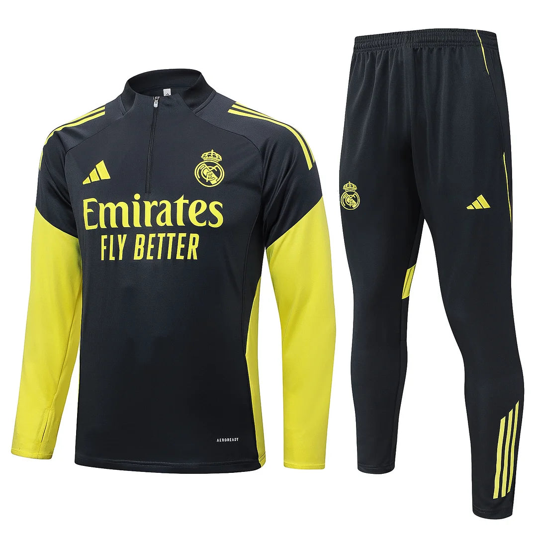 2025/2026 Real Madrid Dark gray with yellow sleeves Half-Pull Training Suit Football Shirt 1:1 Set