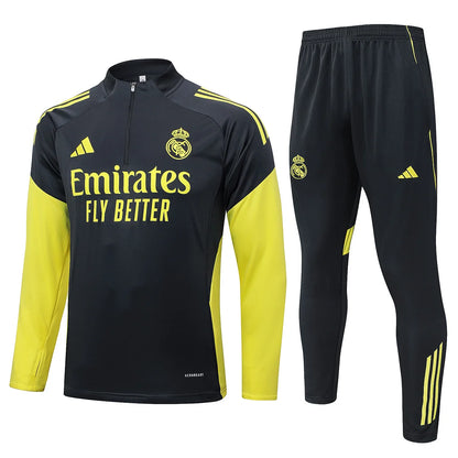 2025/2026 Real Madrid Dark gray with yellow sleeves Half-Pull Training Suit Football Shirt 1:1 Set
