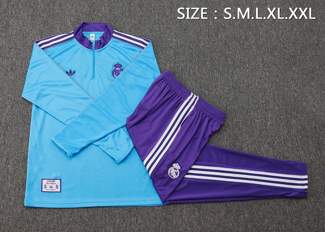 2025/2026 Real Madrid Light blue retro version Half-Pull Training Suit Football Shirt 1:1 Set