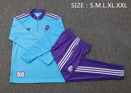 2025/2026 Real Madrid Light blue retro version Half-Pull Training Suit Football Shirt 1:1 Set