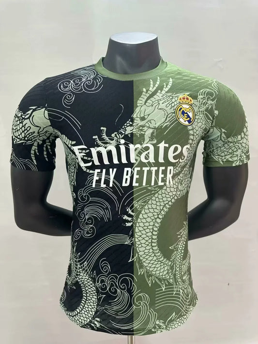 2025/2026 Player Version Real Madrid Dragon Pattern Army Green And Black Football Jersey 1:1