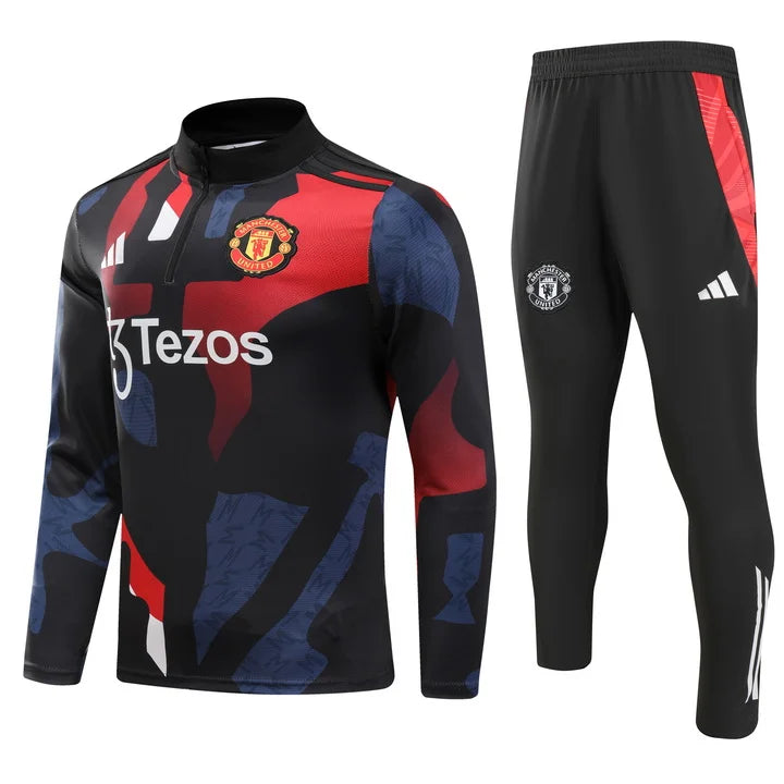 2024/2025 Manchester United Half-Pull Training Suit Red blue and black print Football Shirt 1:1 Set