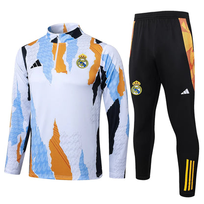2025/2026 Real Madrid Blue, white and yellow inkjet printing Half-Pull Training Suit Football Shirt 1:1 Set