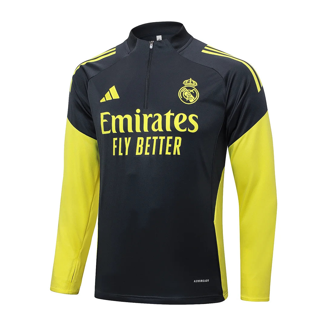 2025/2026 Real Madrid Dark gray with yellow sleeves Half-Pull Training Suit Football Shirt 1:1 Set