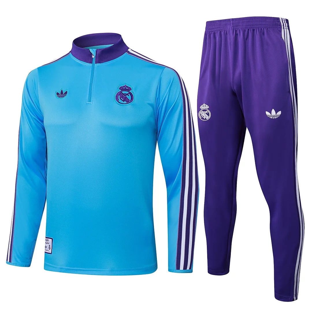 2025/2026 Real Madrid Light blue retro version Half-Pull Training Suit Football Shirt 1:1 Set